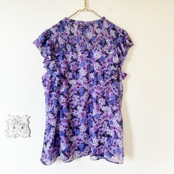 City Chic Bella Purple Floral Smocked Ruffle Sleeveless Blouse M / 18 - Picture 7 of 10